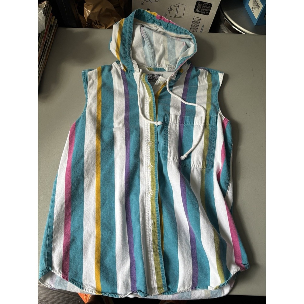 Vtg M Bonjour Hooded Striped Sleeveless‎ Shirt